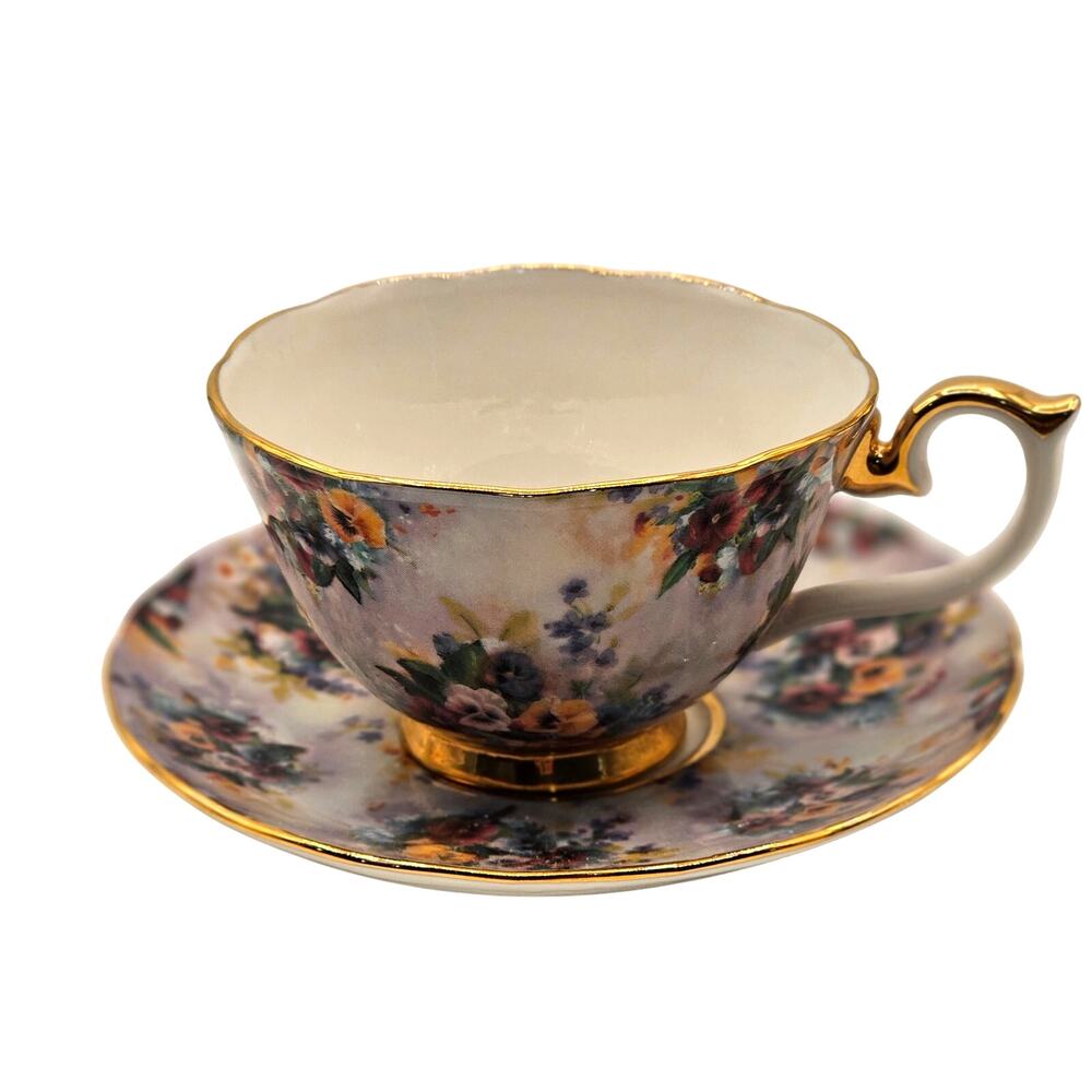 Vintage Bradford Editions Lena Liu "Joyful" Floral Teacup & Saucer Set
